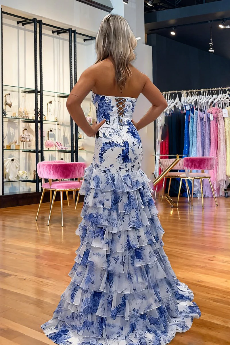 Blue Sheath Strapless Chiffon Ruffled Prom Dresses With Bow