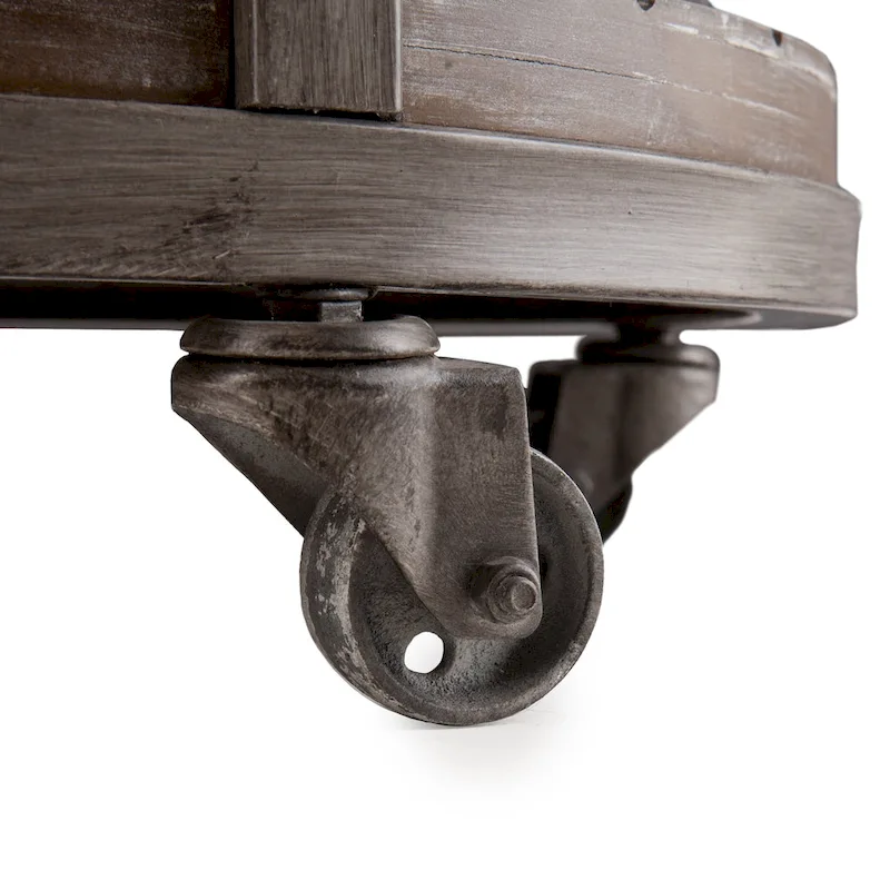 Industrial style round wooden coffee table with shelves