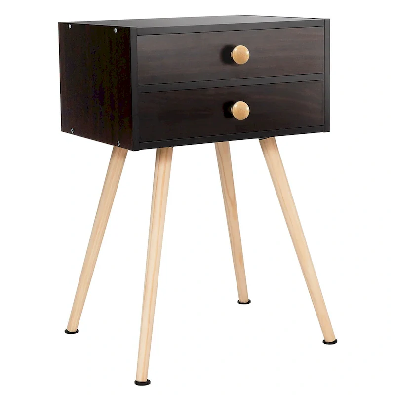 Espresso 2-Drawer Nightstand with Wood Legs