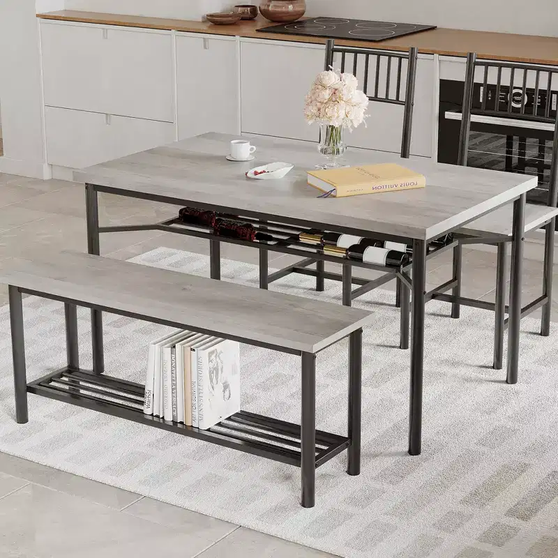 4-Piece Industrial Dining Set - Table, 2 Chairs & Bench with Metal Frame and Storage Rack for Small Spaces