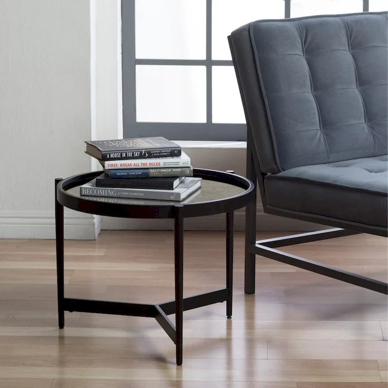 Black Metal and Mirror Estrade Modern End Table 22 Round Reversible Top