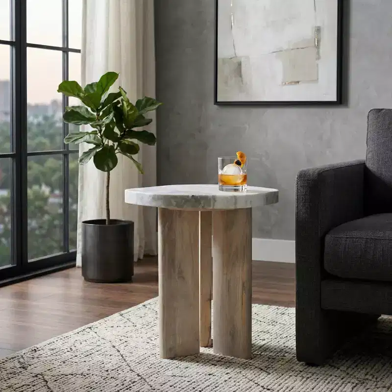 Marble Top with Wood Base Round End and Side Table for Small Spaces - Decorative Accent for Living Room, Room and Bedroom Decor - 23, Tan & Brown