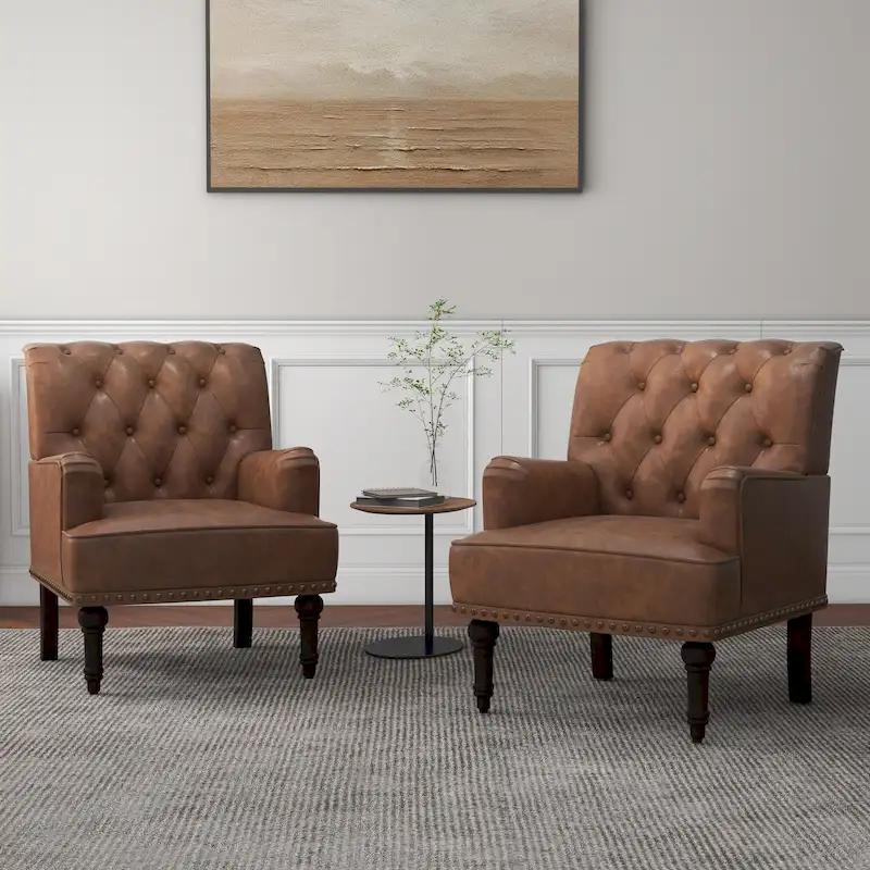 Tufted Vegan Leather Accent Chairs Armchairs with Nailhead Trim