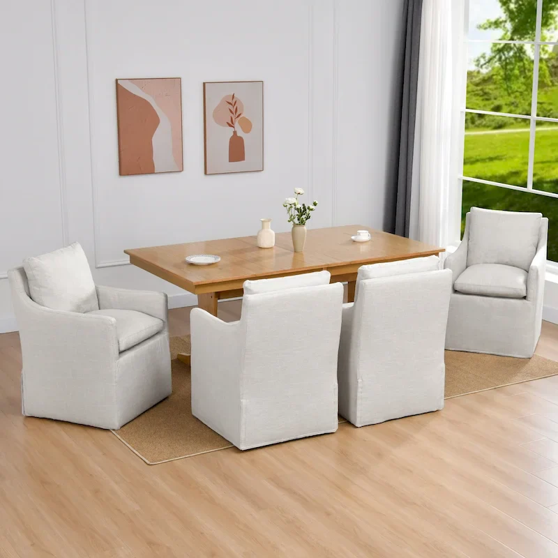 Beige Faux Linen Swivel Rolling Armchair with Casters, 1-Person