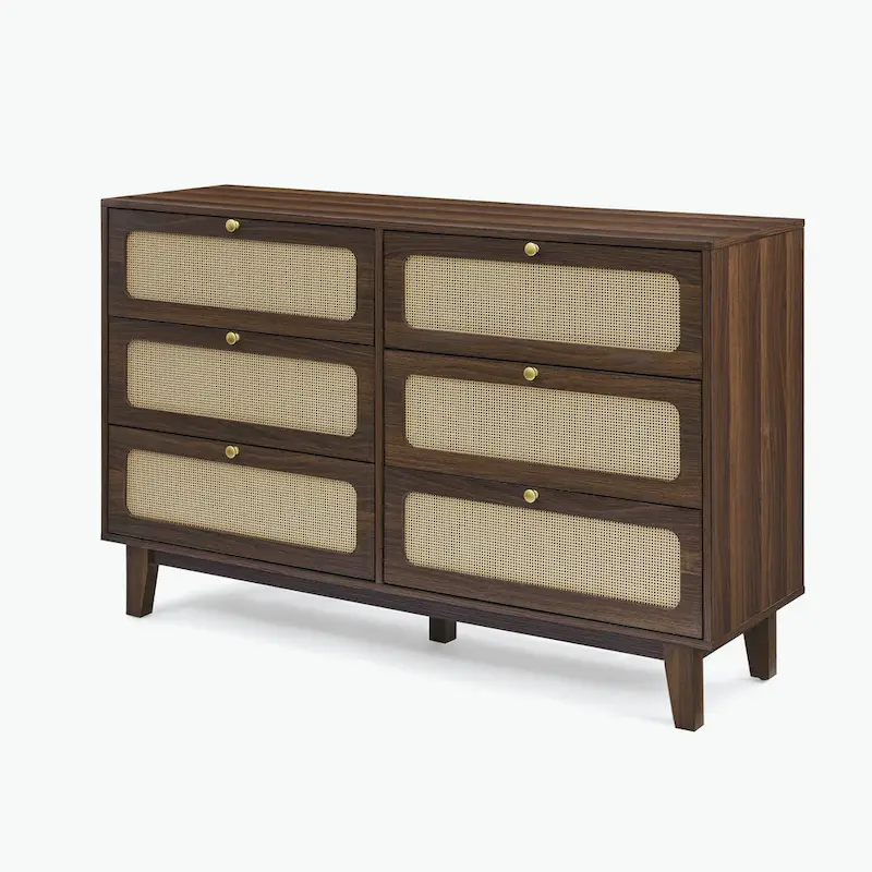 6-Drawer Dresser with Rattan Weave Fronts - Wood - 56 Inch