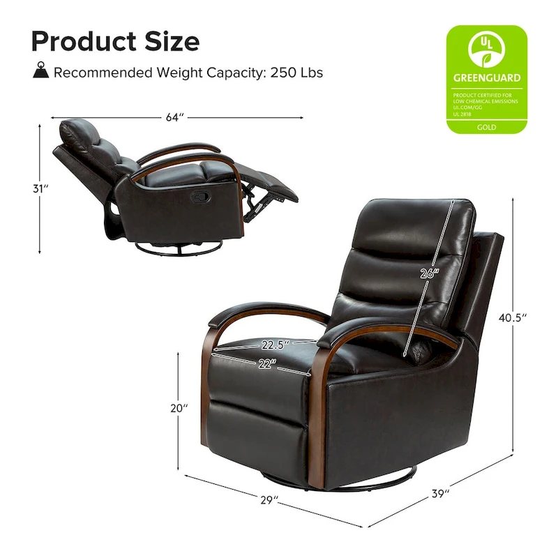 Leopold Modern Genuine Leather Swivel Rocking Manual Recliner Chair with Wooden Arm Accents by HULALA HOME