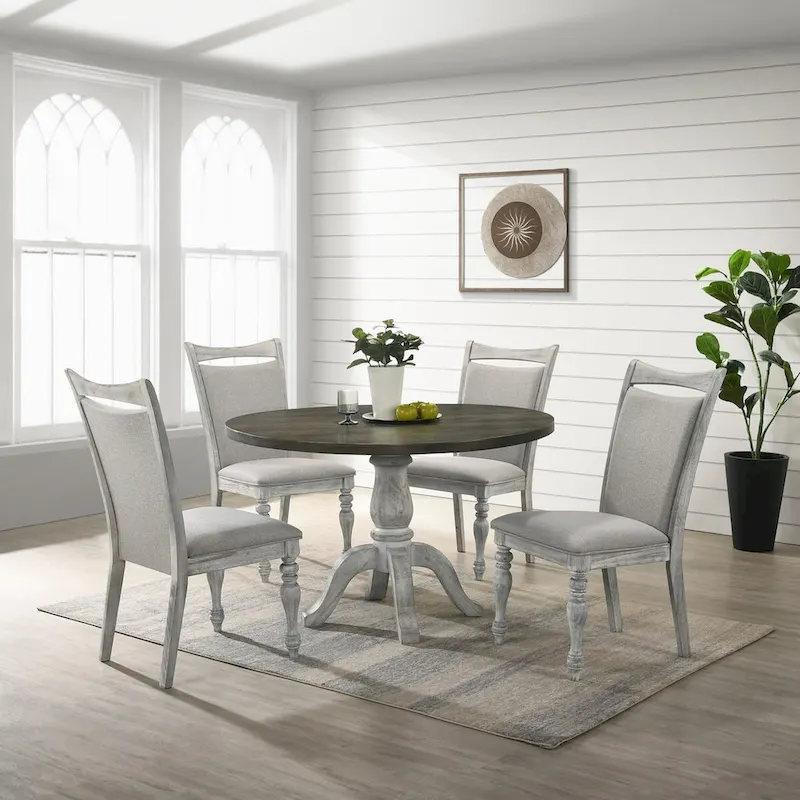 5-Piece Dining Set, Round Pedestal Table with 4 Chairs, Weathered White and Gray