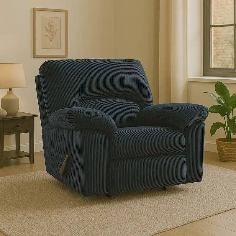 Navy Blue Corduroy Rocker Recliner Chair with Pillow Top Arms – 1-Seat
