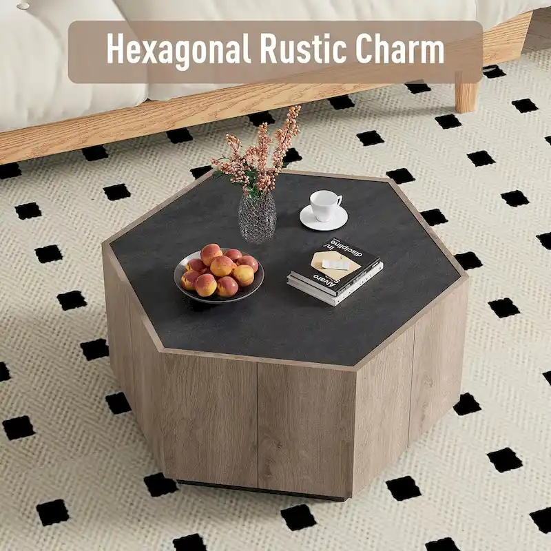 Hexagonal Coffee Table, Scratch Resistant Center Table with Drawers