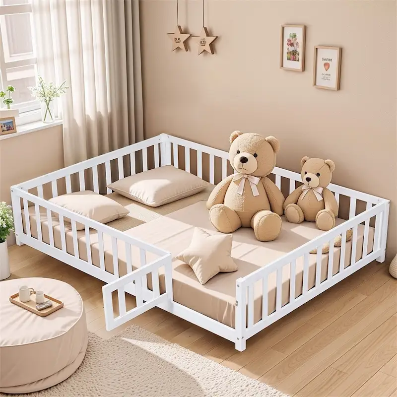 Natural / Grey / White Kids Floor Platform Bed with Fence & Door, Full Size, for 1 Child