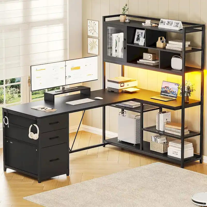 L-Shaped Corner Desk with Drawers, Bookshelf and LED Light Strip