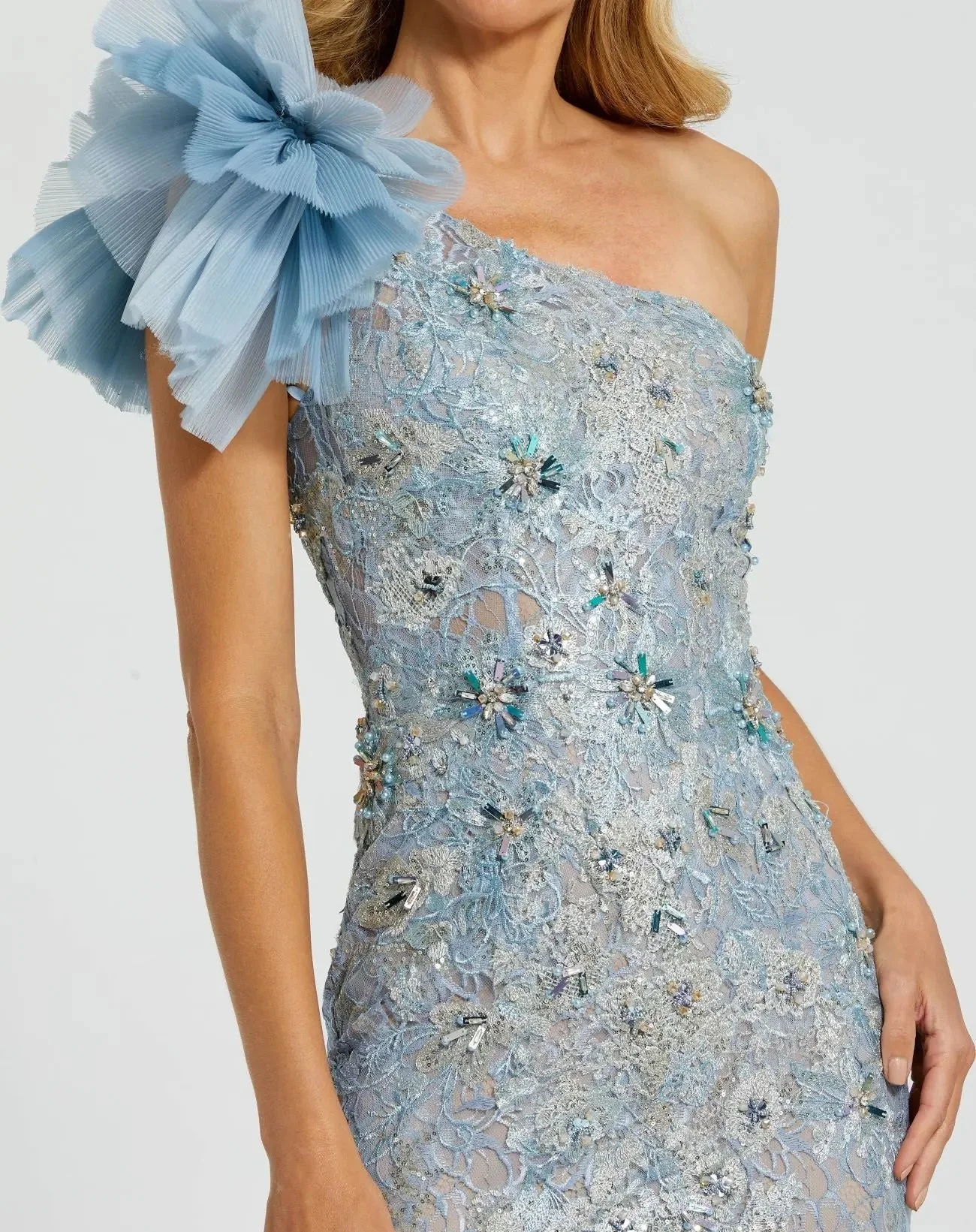 Blue Embellished Tulle Flower Detail Mermaid Gown