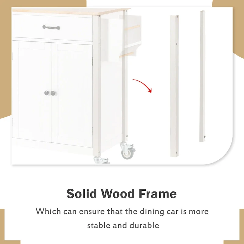 Essential MDF Kitchen Island Cart with Solid Wood Top, Locking Wheels, and Spice Rack