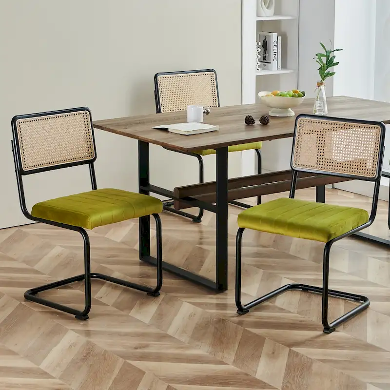 Velvet Upholstered Rattan Dining Chairs Set of 2/4