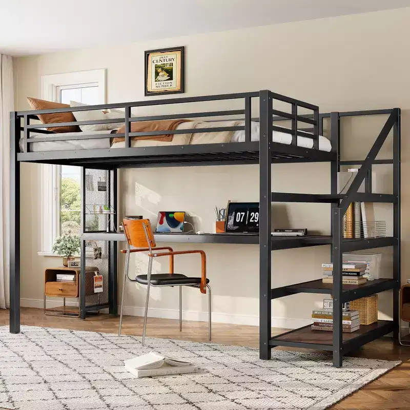 Twin XL Loft Bed with Desk and Storage Stairs Metal Loft Beds with LED Lights USB Ports Multifunctional Iron Nets No Spring Box Black