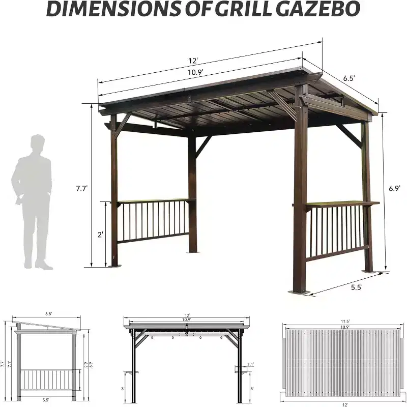 Clihome 6.5'x 12' Hardtop Grill Gazebo with Side Shelves & Hooks