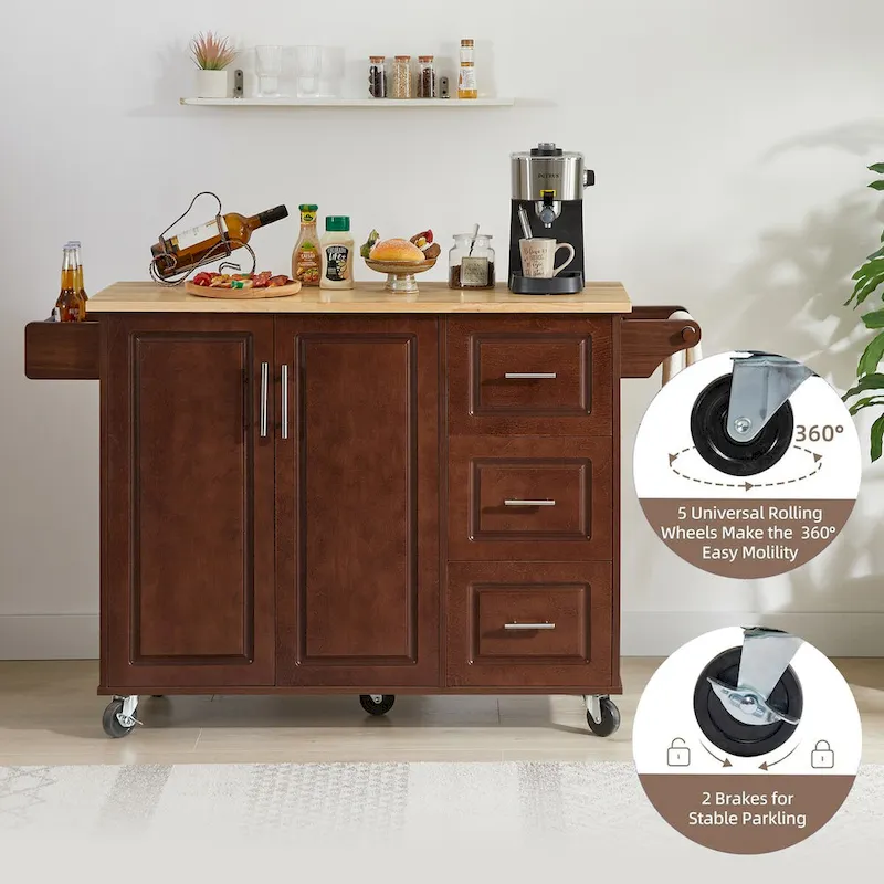 Kitchen Island with Drop Leaf Countertop and Rolling Cart