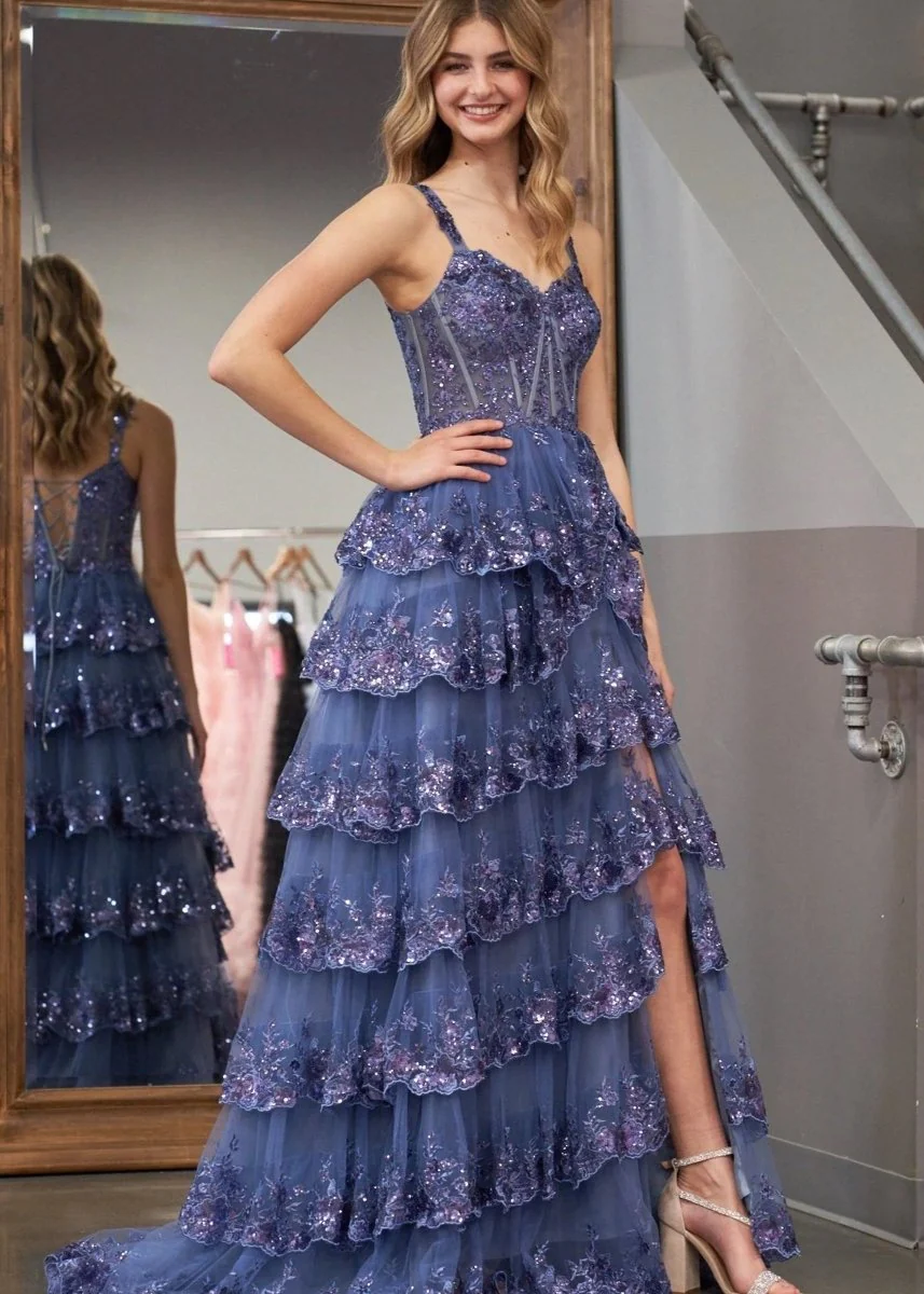 A-Line Lace Off-the-Shoulder Tiered Long Prom Dress with Slit