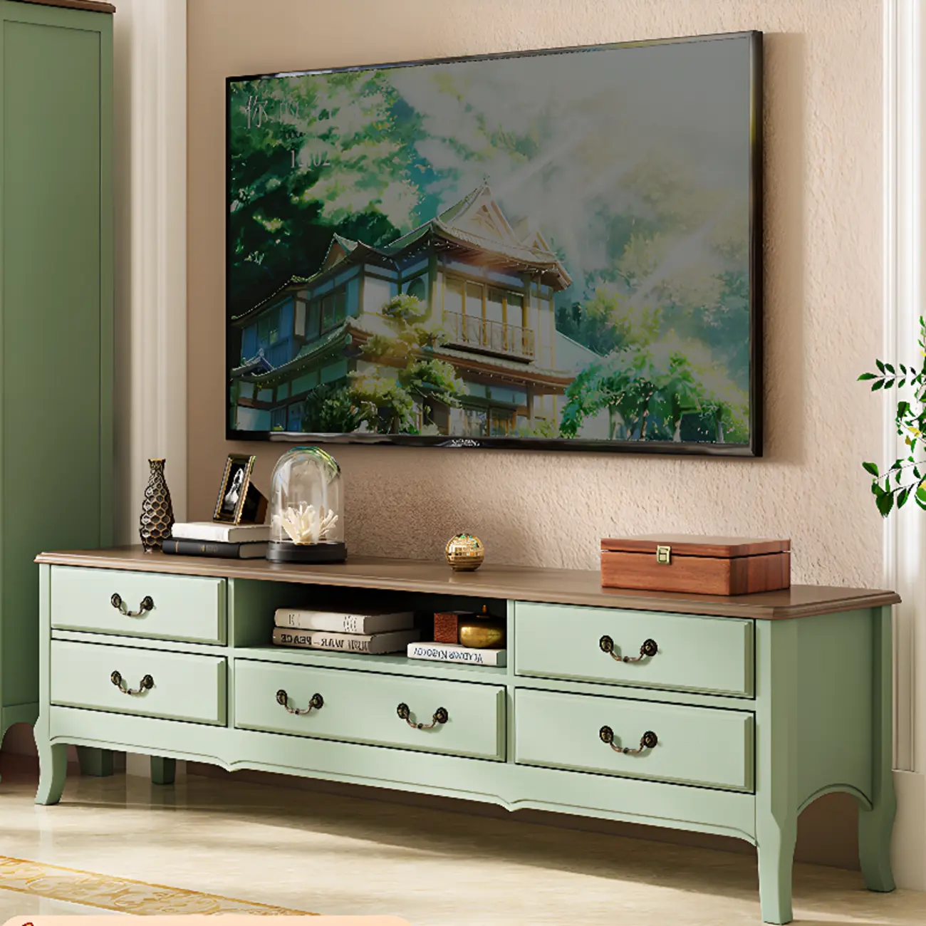 Green Modern Wood Cable Management TV Stand with 5-Drawer