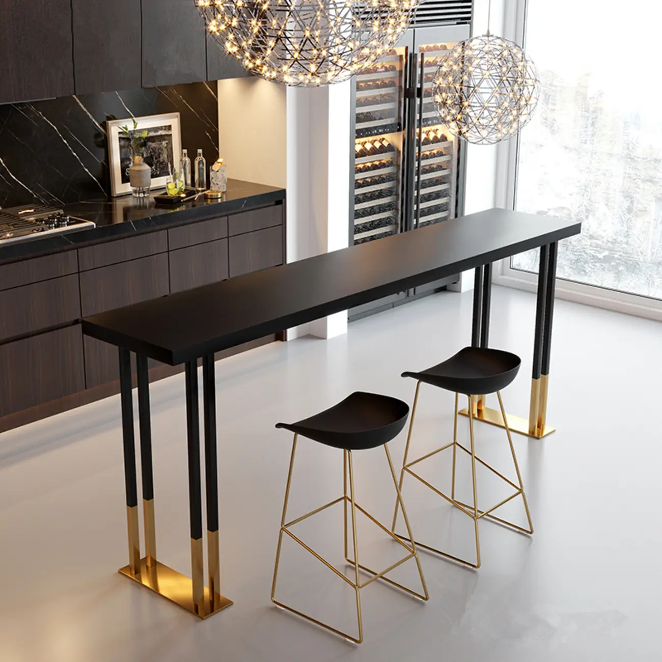 Luxury Rectangle Wooden Bar Table Gold Sled Base for Dining