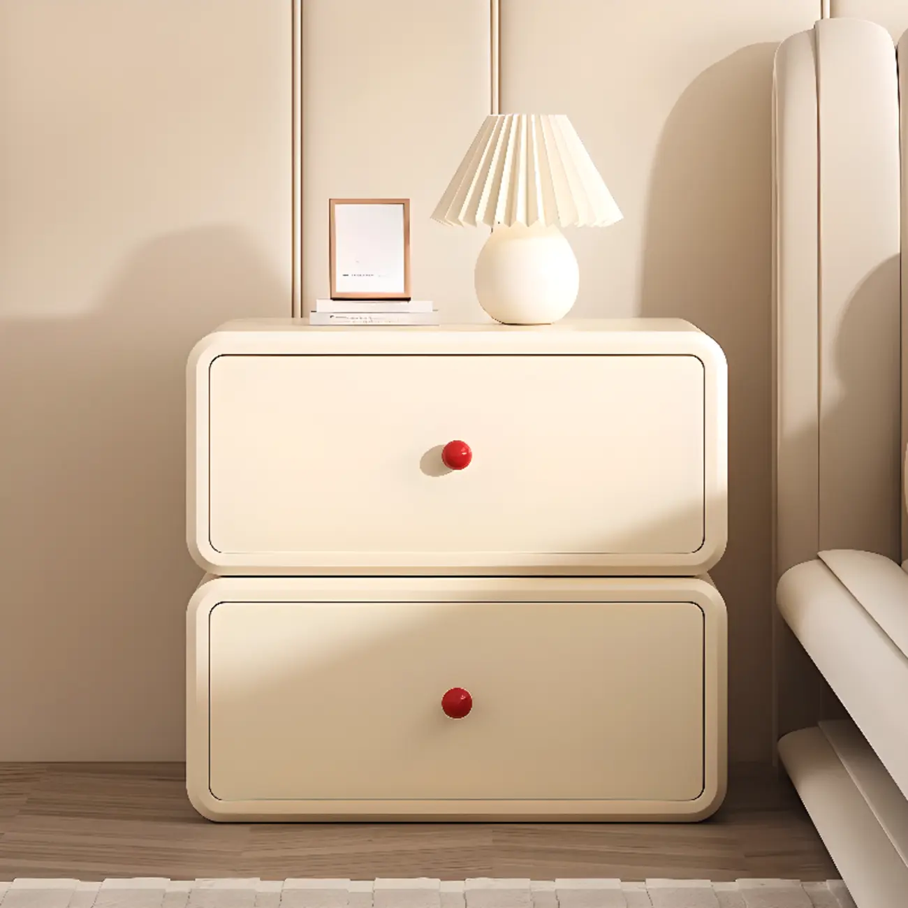 Art Deco Wood Faux Leather Red-Ball Pulls 2-Drawer Nightstand