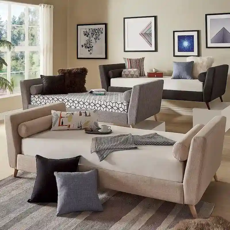 Beige/Black/Grey Linen Daybed with Bolster Pillows, Mid-Century, Single