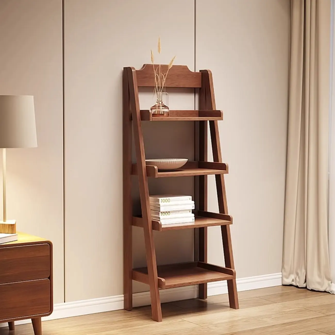 Mid-Century Modern Walnut Wood Multi-tier Ladder Bookshelves