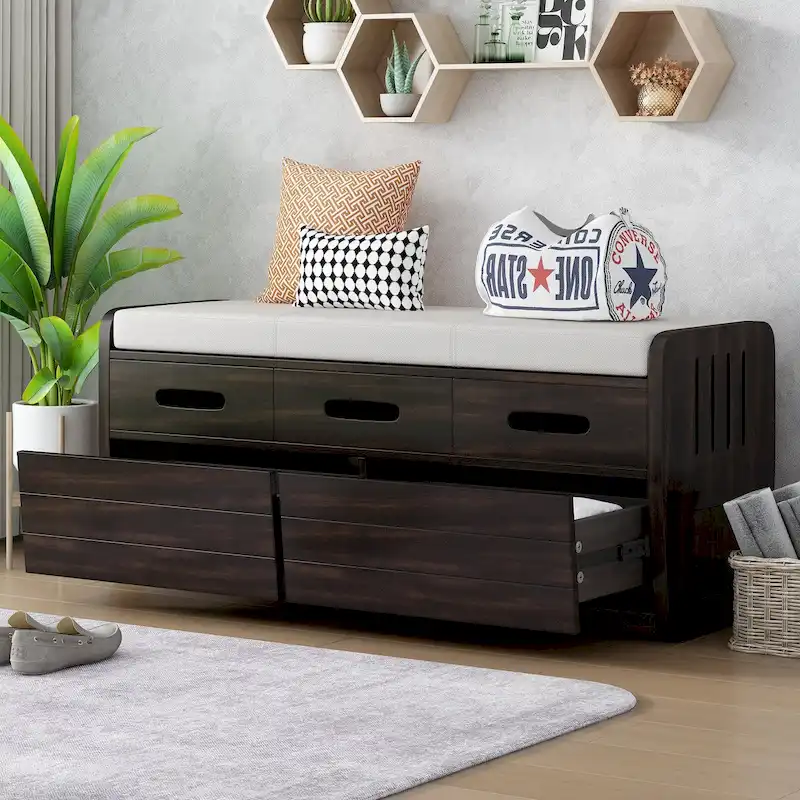 Espresso/Natural Wood/Navy/White Rustic Storage Bench with Drawers, 2-Person