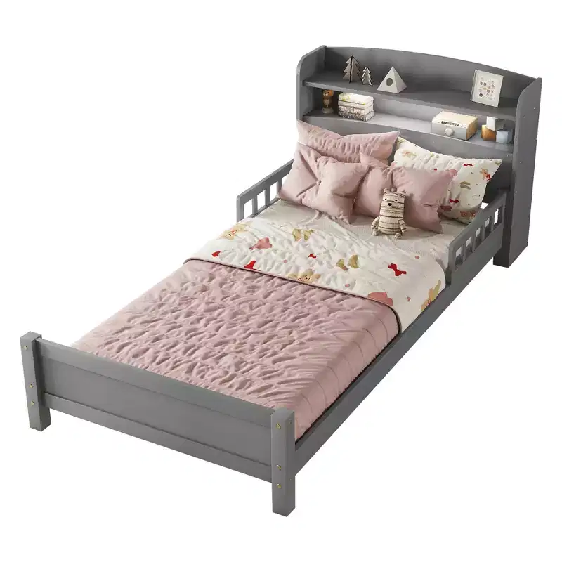 MAYEERTY Twin Pine Wood Bed with Bookcase Headboard, Safety Guardrails Gray