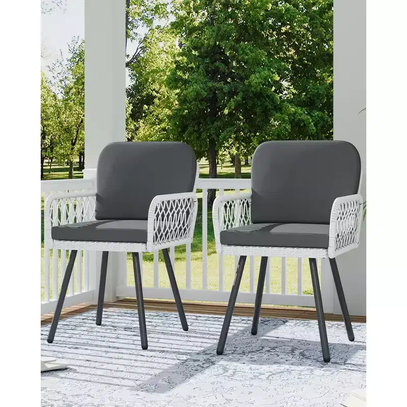 Set of 2 Modern Patio Dining Chairs,Black Metal Frame & White HandWoven Rattan Armchairs with Cushions for Indoor, Garden, Balcony, Deck, Backyard