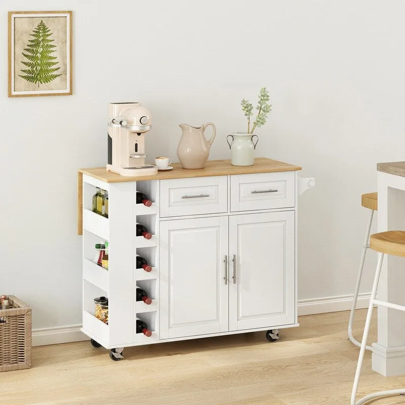 Kitchen Island Cart with Drop Leaf, Wine Rack, Spice Rack, 2 Doors & 2 Drawers