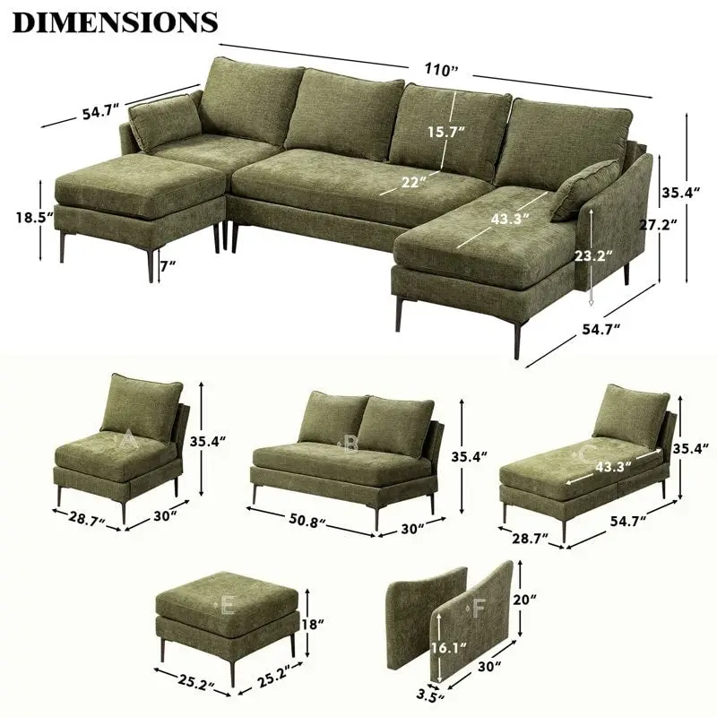 U-Shaped 6-Seat Sectional Sofa, Reversible Sleeper in Modern Chenille Design, with Chaise Lounge and Ottoman