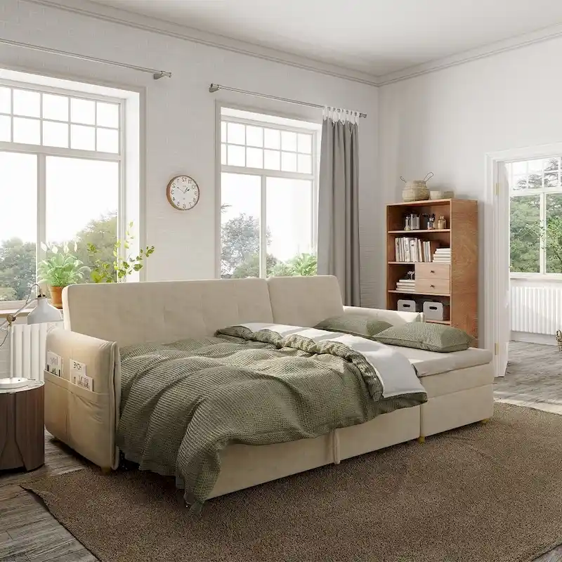 L-Shape Sofa Bed with Scratch-Resistant Fabric and Solid Wood Frame