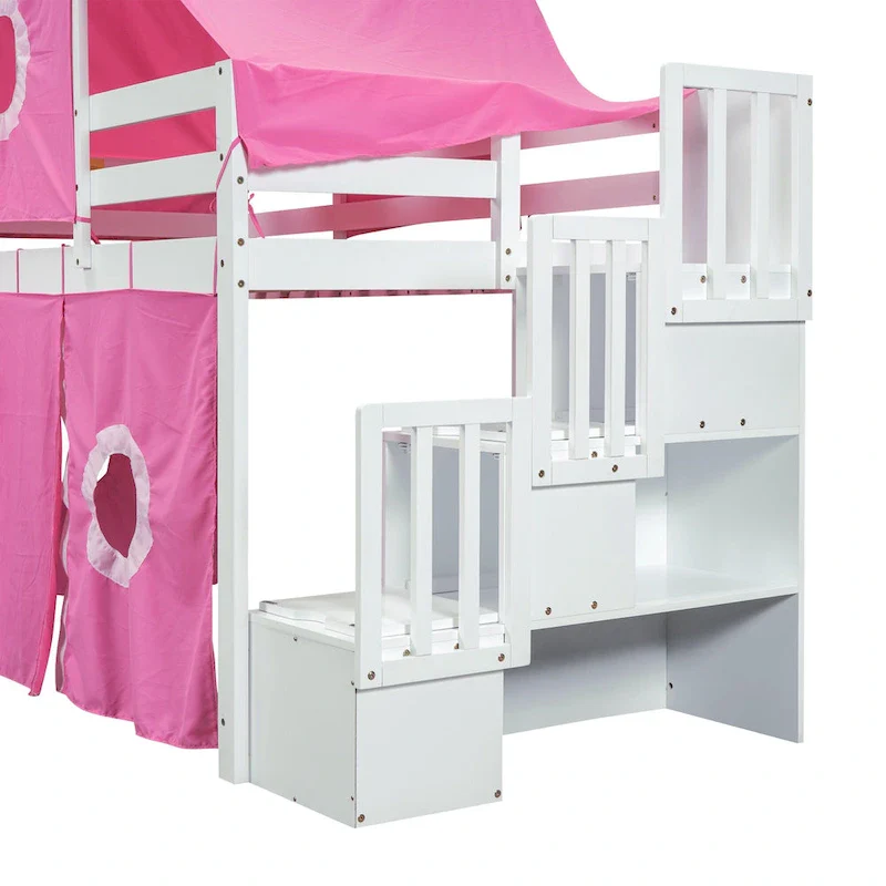 Twin Pine Loft Bed with Staircase, Slide, Tent, Tower, and Guardrail