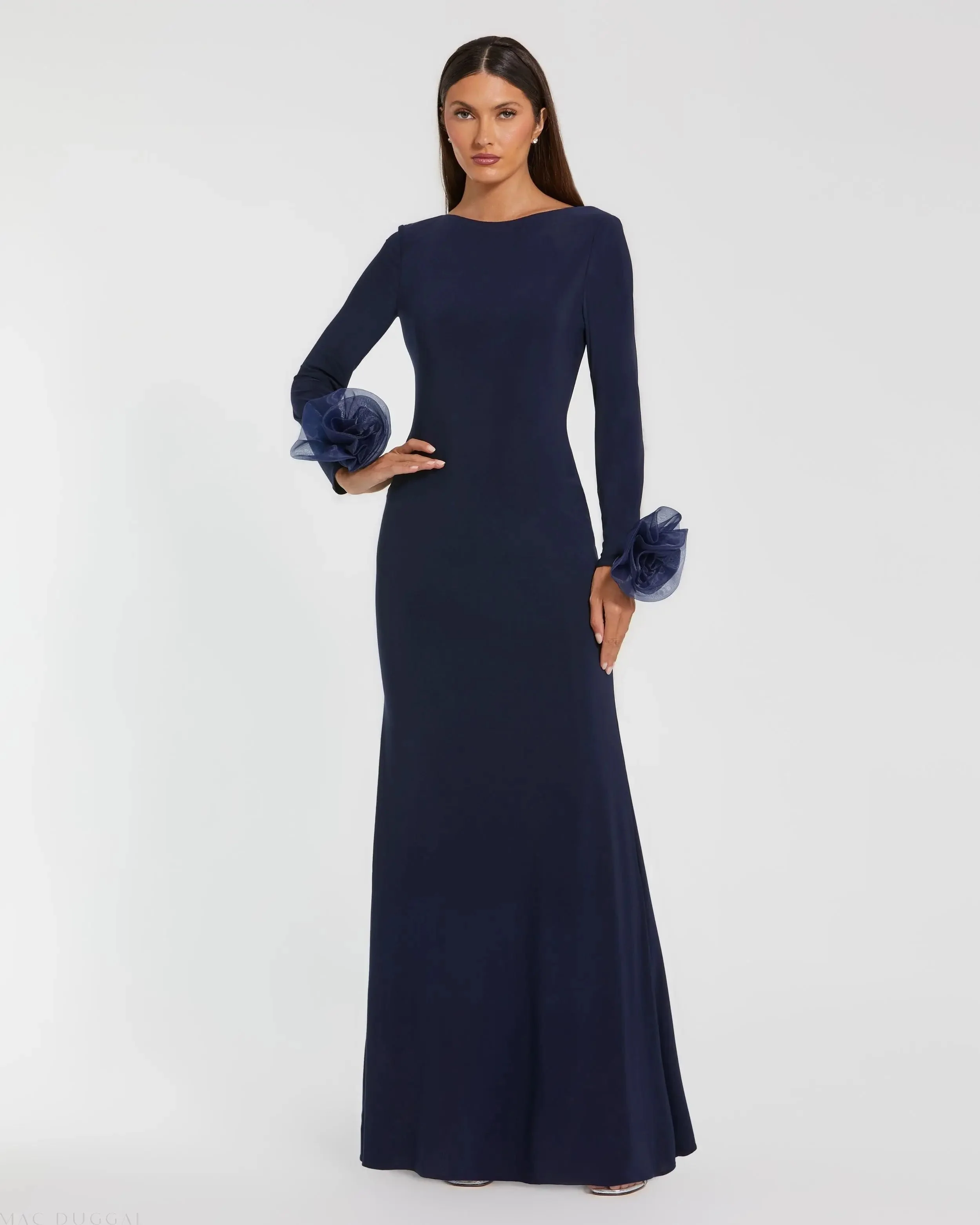 Navy Long Sleeve Fitted Jersey Gown With 3D Flowers