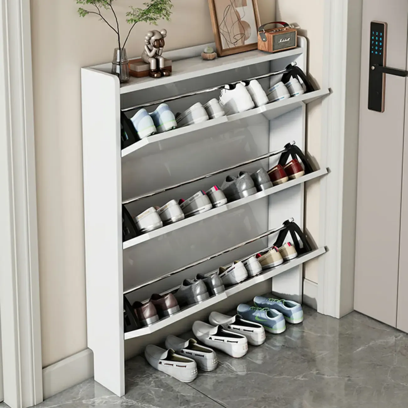3-Tier White Wood Shoe Cabinet with Drop Front