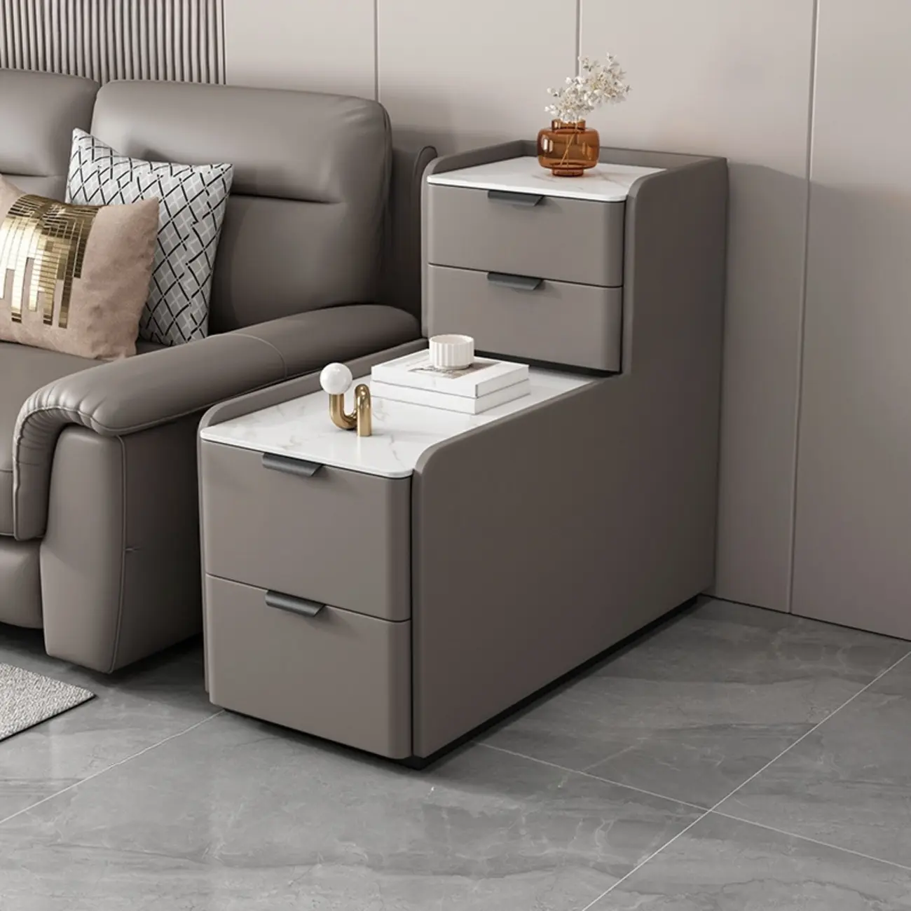 Tall 4-Drawer Stone Top Wooden L-Shaped Sofa End Table