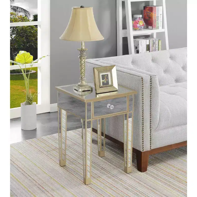 HomeStock Belmont Mirrored End Table with Drawer and Faux Crystal Knob, Elegant Accent Table with Fir Wood Base and Concealed Storage