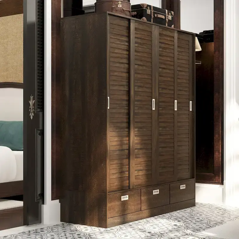 Brown Wood Grain Wardrobe with 4 Sliding Doors, 3 Drawers & Hanging Rod