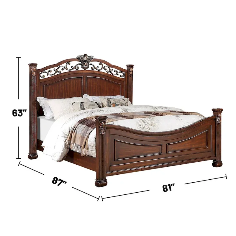 Wooden Bed with Crafted Headboard in Dark Cherry