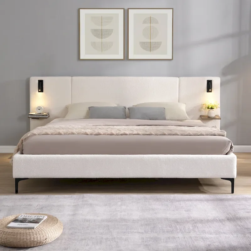 White Boucle Upholstered King Bed with Lights & Shelving, 2-Person