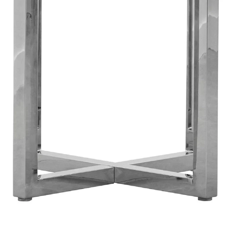 Eun 48 Inch Round Dining Table with Marble Top, Cross Base, Chrome