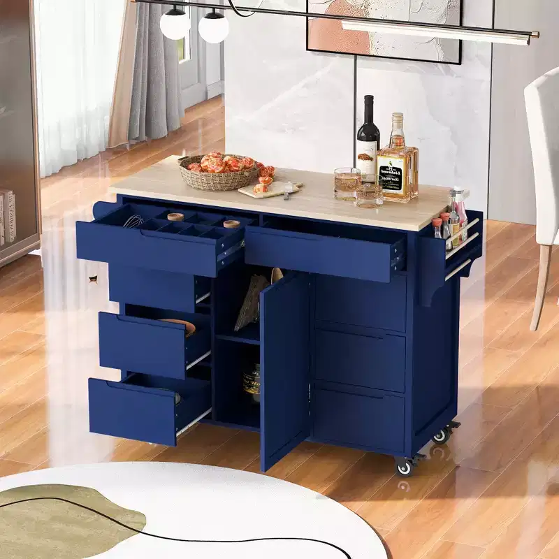 Rubberwood Countertop Kitchen Island, Kitchen Trolley with 5 Wheels, Spice Rack and 8 Drawers - ModernLuxe