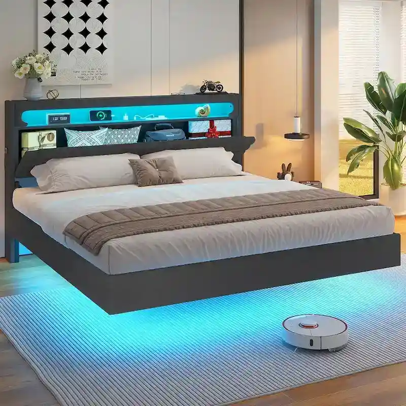 Floating Bed Frame Type-C Charging Station Hidden Storage Headboard