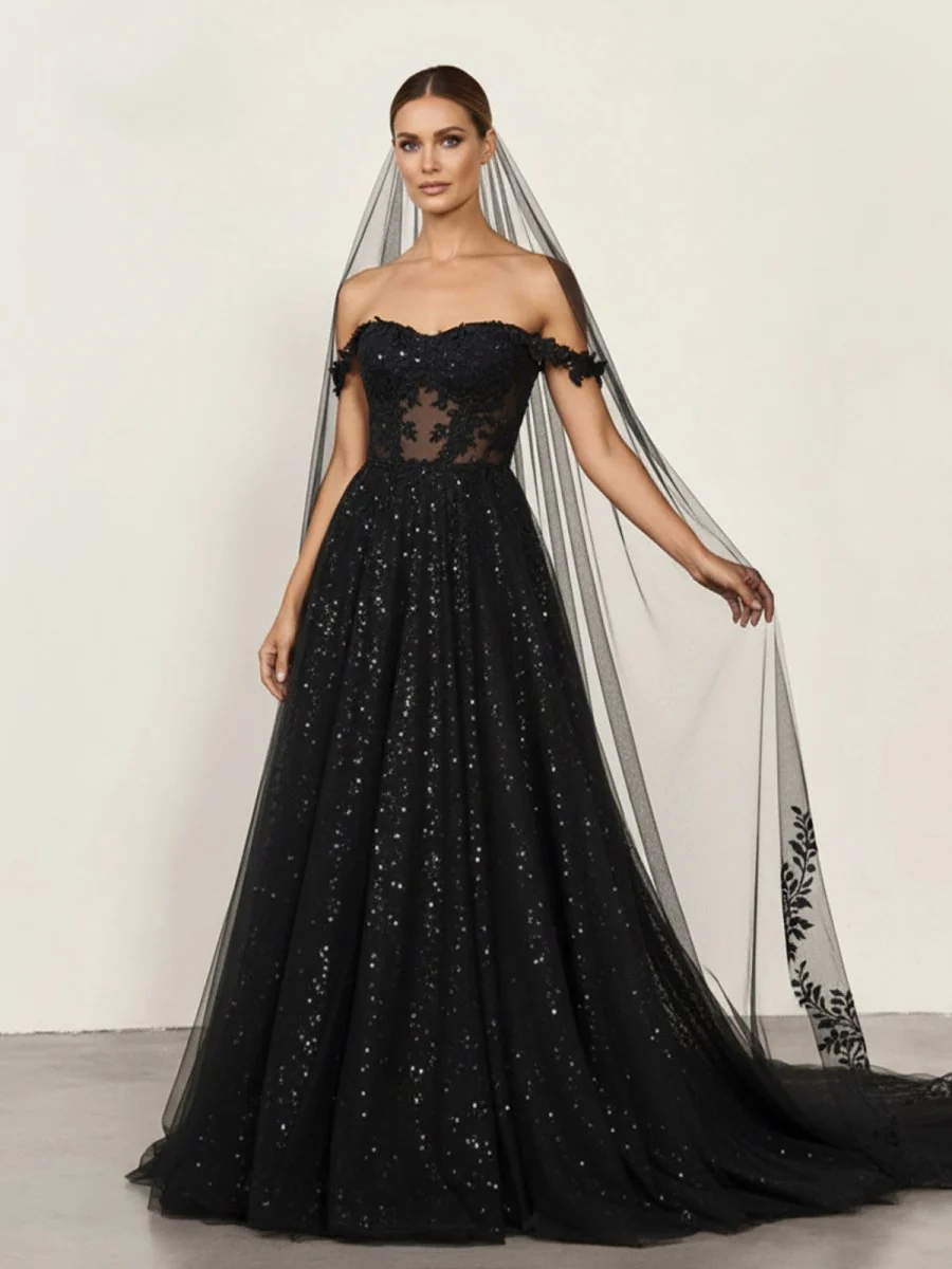 A-Line Black Gothic Wedding Dresses with Sequin Lace Appliques