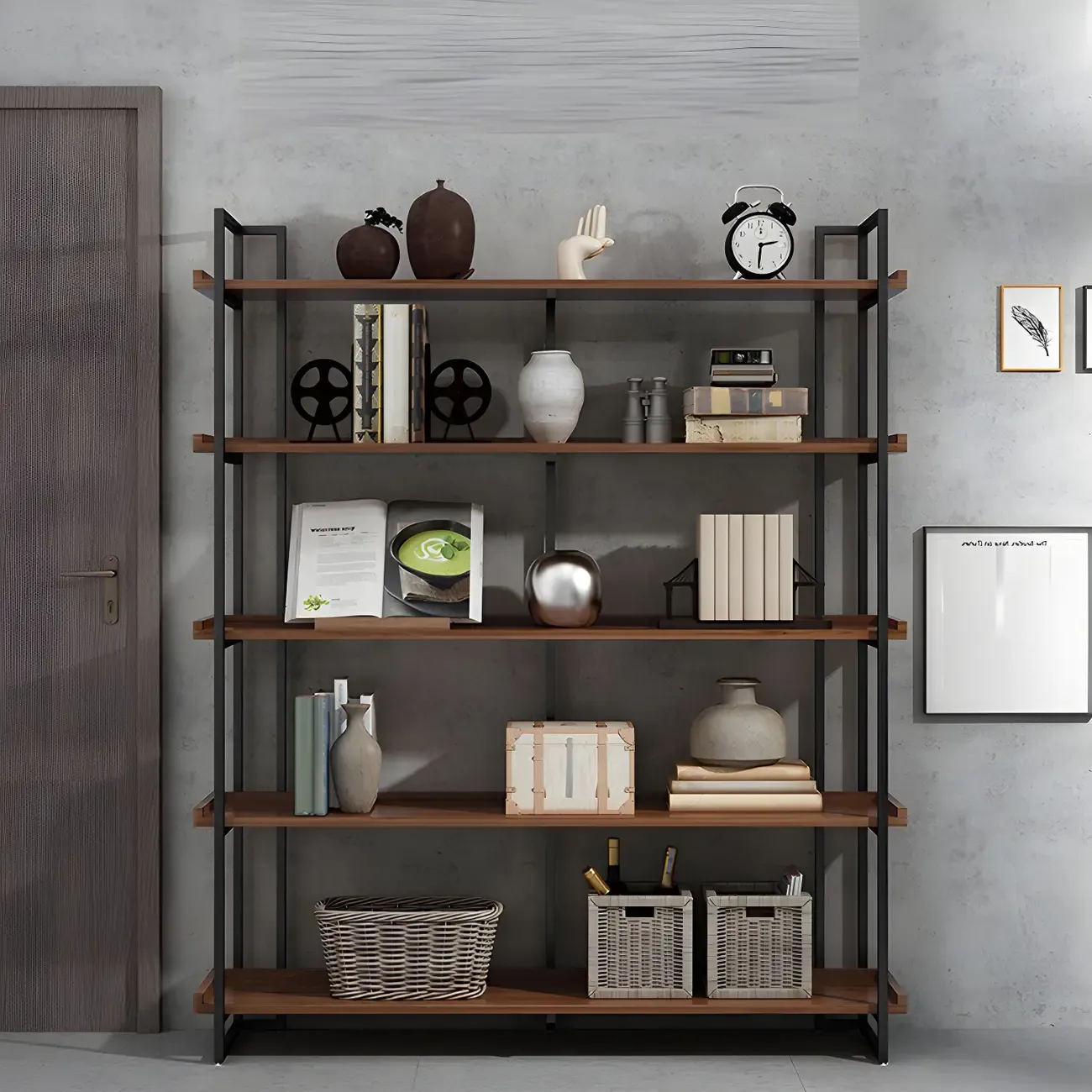5-Shelf Industrial Metal Wood Brown Display Bookcase