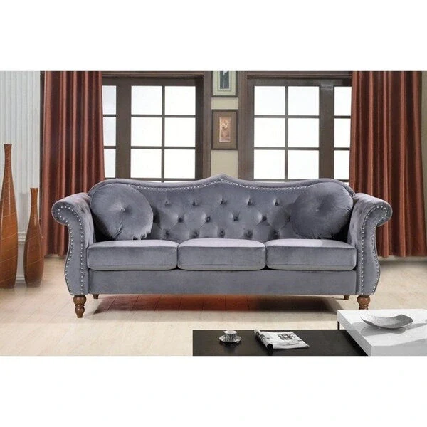Crushed Velvet Chesterfield Sofa with Nailhead Trim – Blue / Grey / Ivory / Green, Button-Tufted, Seats 3