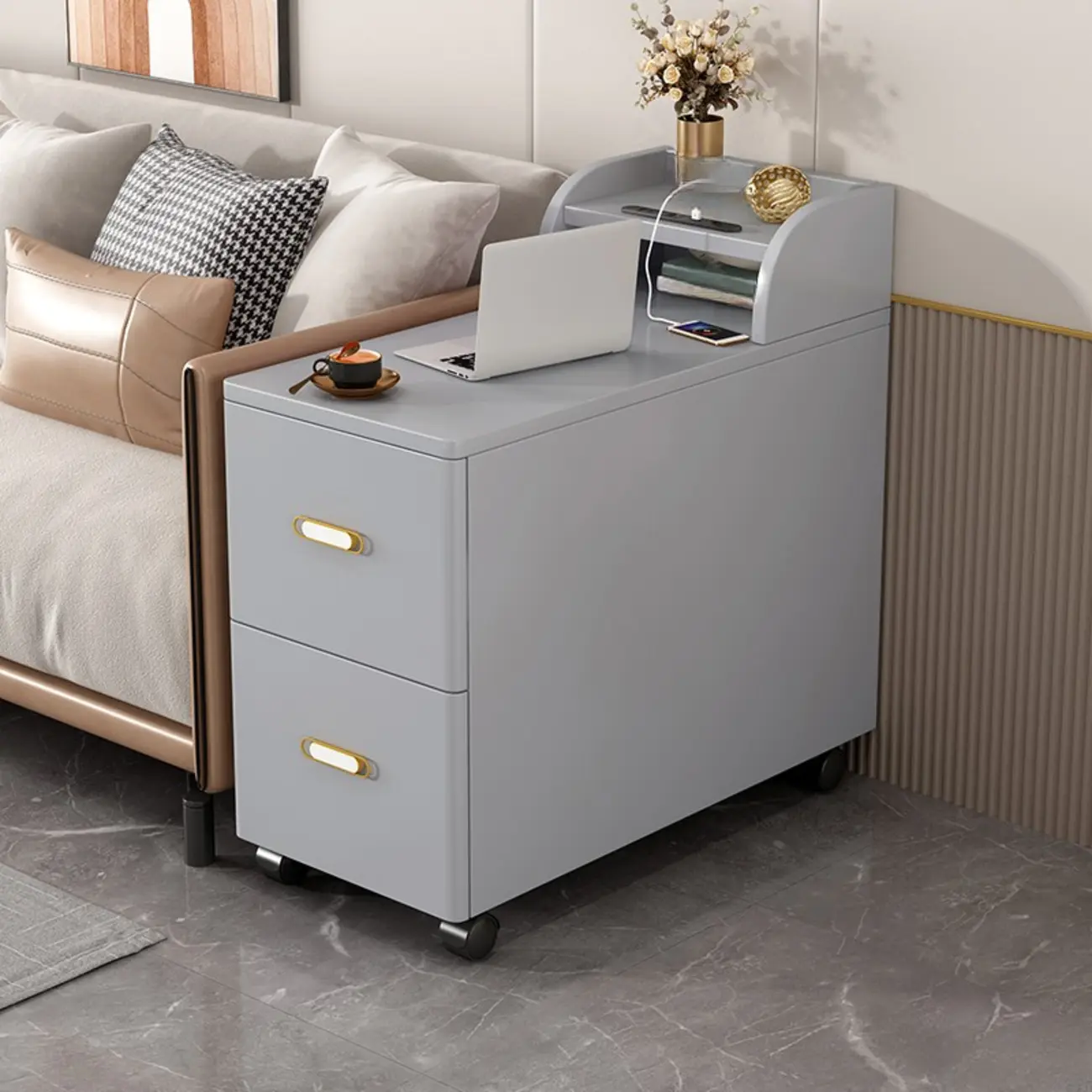Narrow Rolling White 2-Drawer End Table with USB Charge