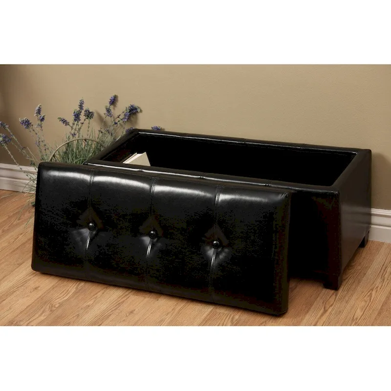 Black Faux Leather Button-Tufted Storage Bench with Removable Lid, 1-Person