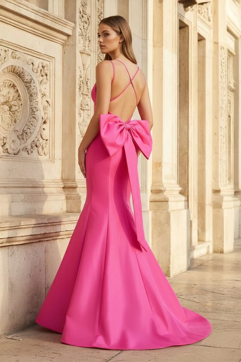 Hot Pink V-Neck Bow-Back Trumpet Long Gown